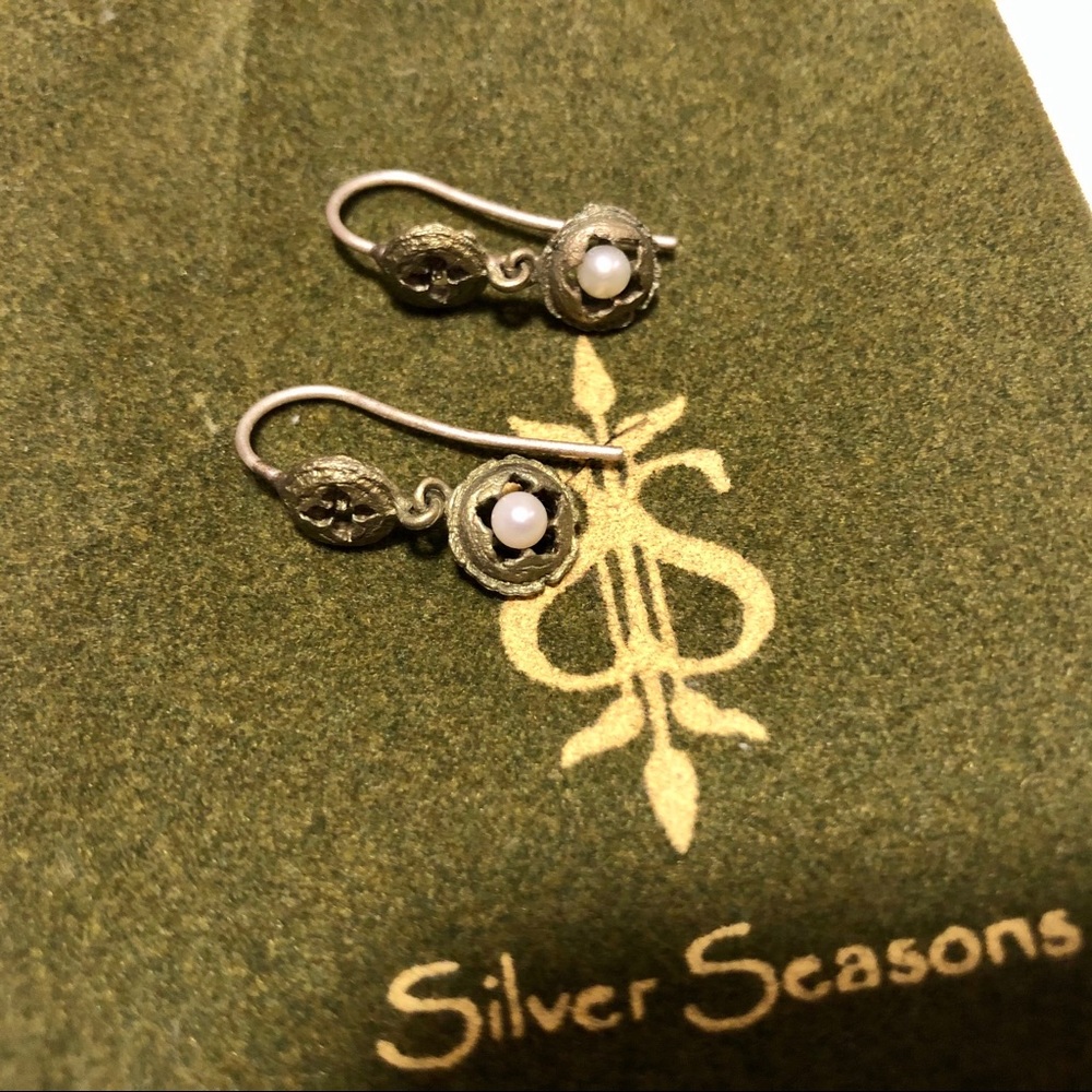Hand patinaed bronze and pearl earrings